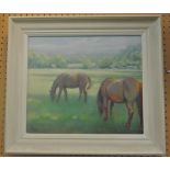 A 20th century oil painting on canvas by R E Hardy showing two horses grazing in a sunlit meadow,