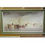 A 20th century oil painting on canvas of an Eastern style lake scene with fishing boats, fishermen