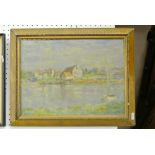 A 20th century oil painting on board of a river landscape with sailing boat, houses etc, signed