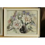 A 20th century watercolour by Phyllis J Hibbert of a still life with roses, pinks etc signed