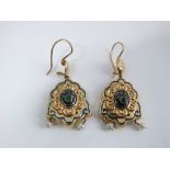 A pair of large embossed gold drop ear-rings, diamond, emerald and pearl set