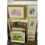 A collection of picture including a framed Toile du Jour, pink printed panel of a girl amongst geese