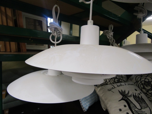 A pair of Skandium pendant lights model number PH4/3 by Lewis Pulsen, 40cm x 20cm in white spun