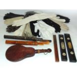 A collection of vintage gloves, a set of Chinese scales in a travelling timber case, two sets of