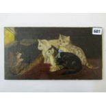 A 19th century primitive style oil painting on canvas of three kittens observing a pair of mice,