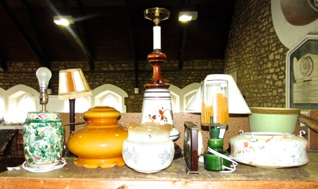 A mixed collection of 20th century lamps and shades including ceiling shades