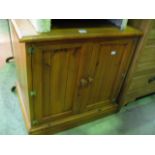 A low pine side cupboard enclosed by a pair of rectangular panelled doors raised on a moulded plinth