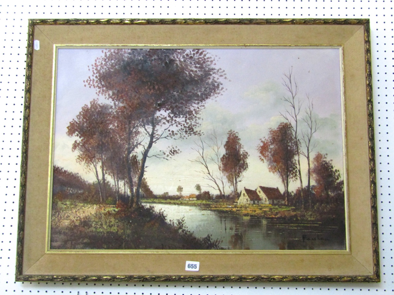 A 20th century oil painting on canvas of a continental canal scene with red roofed buildings, signed