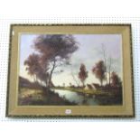 A 20th century oil painting on canvas of a continental canal scene with red roofed buildings, signed