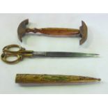 A set of Victorian brass cased and handled scissors with steel blades together with a 19th century