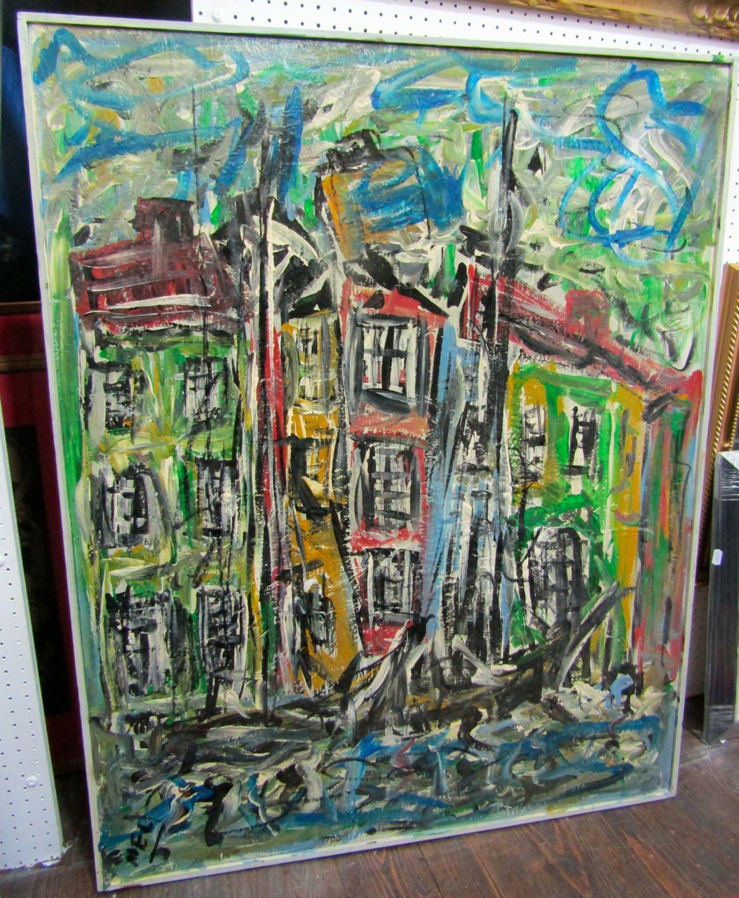 A 20th century oil painting on canvas of an abstract subject with buildings, painted in tones of