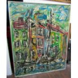 A 20th century oil painting on canvas of an abstract subject with buildings, painted in tones of