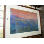 A pastel study of sheep in a sunset landscape, with label verso - Evening Pastures, Denise Gale,