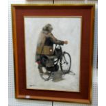 A 20th century oil painting on board by David Stefan Przepiora, study of an old woman pushing a