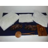 Two carved Chinese figures of water buffalo, a gloves stretcher, a marquetry book cover and 3