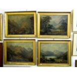 A collection of seven 19th century oil paintings on board, all of mountainous landscape subjects