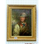 A 19th century oil painting on board, bust length study of a rustic character in white hat and