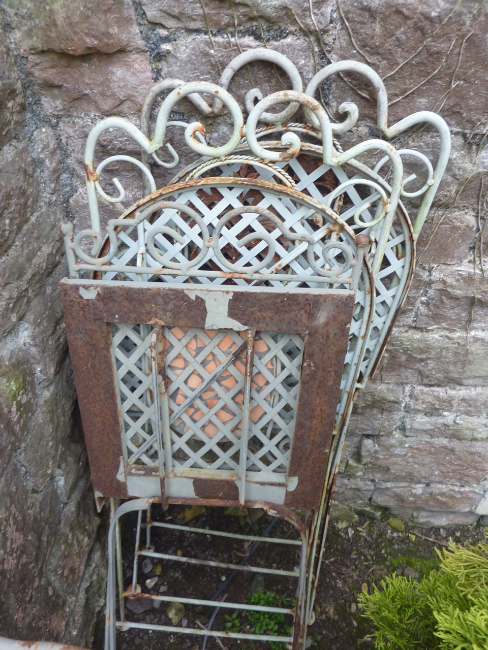 Two pairs of contemporary folding steel framed garden terrace chairs, with lattice work and scrolled - Image 2 of 2