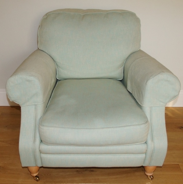 A Wesley Barrell Hazelton chair with fabric by Ian Sanderson in a phoenix duck egg coloured