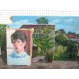 A collection of oil paintings on canvas including a study of a woman knitting, a shoulder length
