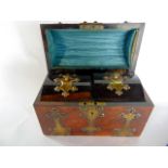 A Victorian figured walnut tea caddy of casket form, the domed lid with applied brass strap work