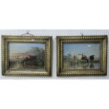 A pair of 19th century oil paintings on board of cattle watering, indistinctly signed with