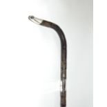 A walking cane with silver collar and tip