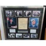 A framed montage relating to John F Kennedy including black and white and coloured photographs, copy