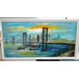 A 20th century oil painting on canvas of a New York style city riverscape with road bridge,