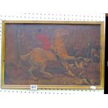 A 19th century oil painting on board of a hunting scene with horse, rider and hounds, 30 x 46 cm