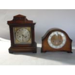 An oak cased mantle clock with striking movement, together with a further bracket clock with