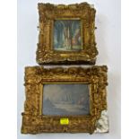 A small pair of 19th century watercolours, one showing a cathedral interior with figures, the