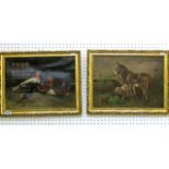 A pair of early 20th century oil paintings on canvas, one showing chickens and a turkey in a