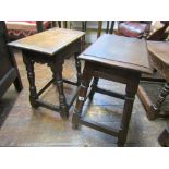 Two old English oak joint stools of usual form on turned supports