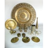 A collection of East Indian and other brass work including a large hammered salver with zodiac