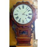 A Victorian walnut and straw marquetry inlaid drop dial wall clock with a shaped outline, shaped and