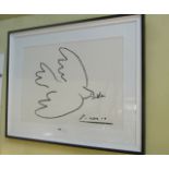 A large black and white print after Picasso of a dove, 51x70cm in black frame (displayed on