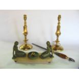A pair of 19th century style brass lamps adapted for electricity on turned bases, a Victorian