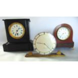 A Victorian black slate and marble mantle clock with eight day time piece, an Edwardian mahogany