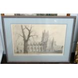 A signed monochrome print by Jack Russell of Gloucester Cathedral produced to commemorate the