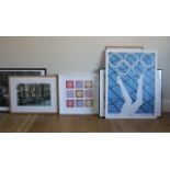 A collection of contemporary pictures and prints including a black and white photographic print of