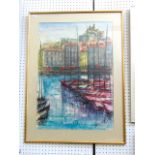A 20th century watercolour and bodycolour study of a harbour with fishing boats, indistinctly signed