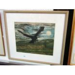 A 20th century signed coloured proof of an atmospheric scene with bird in flight against a moonlit