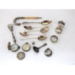 A mixed lot of Victorian and later silver to include a silver and bone parasol handle, three