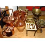 A Doulton salt glazed Old Sarum kettle, a 19th century copper kettle, a further copper kettle, a