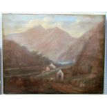 A 19th century oil painting on canvas of a mountainous landscape with cow and sheep to the