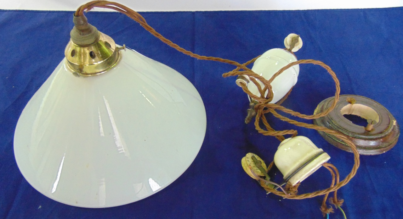 An Edwardian rise and fall electric lamp with a plate glass conical shaped shade and a further - Image 3 of 4