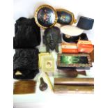 A collection of miscellaneous items including a tribal mask, a pierced brass tray, a lacquered box