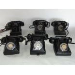 Six vintage telephones with chrome fittings, all in black colourway