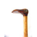 A walking stick with sea bird handle in carved timber signed Randy Christian, Pitcairn Island, 2003